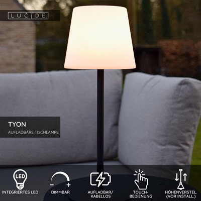 Lucide TYON - wiederaufladbare Tischlampe Innen/Außen - Akku/Batterie - LED Dim. - 1x2W 2700K - IP65 - Schwarz